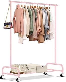 SLEEPING LAMB Heavy Duty Clothing Racks for Hanging Clothes Rack, 43" Wide Rolling Garment Rack Metal Clothing Hanger Rack with Wheels Wardrobe Rack for Coats, Shirts, Dress (Pink)