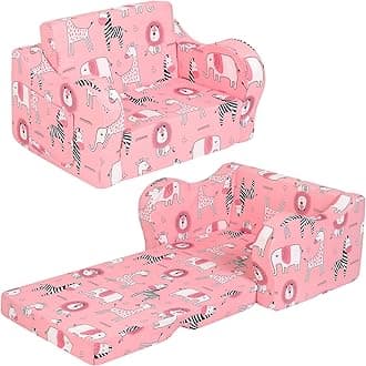 MOMCAYWEX Pink Kids Sofa, 2-in-1 Kids Couch Fold Out, Convertible Sofa to Bed for Girls and Boys