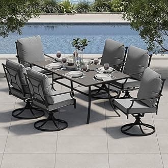 7-Piece Outdoor Dining Set for 6, Patio Dining Furniture Set for 6 Patio Swivel Dining Chairs with Olefin Cushions 1 Rectangular Dining Faux Woodgrain Table with Umbrella Hole, Grey