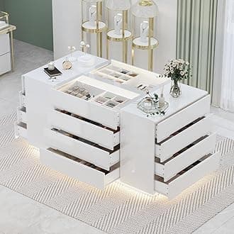 63" W Glass Display Cabinet Lighted, Walk in Closet Island for Retail, Jewelry Organizers Storage with 16 Drawers & LED Light, Collectibles Cabinet Showcase for Cloakroom Shop, Glossy White