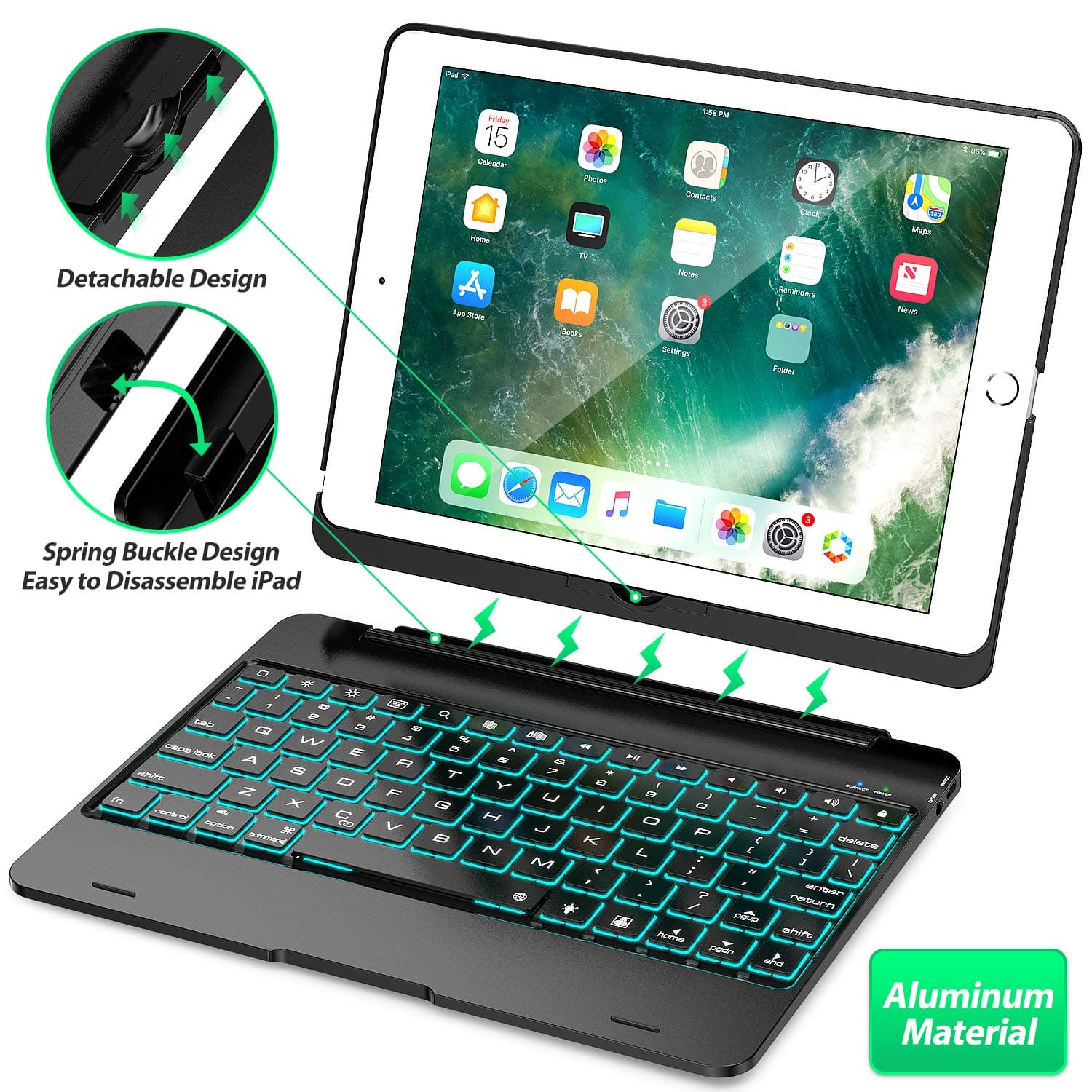 Keyboard Case Compatible with iPad 2018 (6th Gen), iPad 2017 (5th Gen), iPad Pro 9.7," and iPad Air 1 and 2 - Features Detachable Design, Rotating Hinge and Adjustable Backlight (Black)