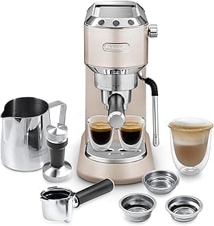 De'Longhi Dedica Arte Espresso Machine - MyLatteArt Milk Foam Nozzle, 15 BAR Pressure, Steel Tamper Included, Beige Gold - Create Perfect Espresso, Cappuccinos, and Latte Art at Home - EC885.BG