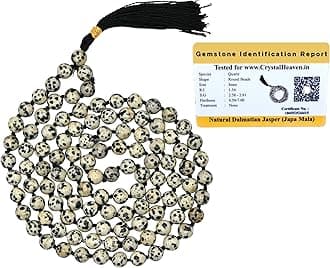 Certified Dalmatian Jasper Crystal Japa Mala Ganthi - 108 Beads Buddhist Prayer Beads - AAA Grade Original Healing Gemstone Agate Mala for Yoga Meditation Spiritual Reiki Feng Shui