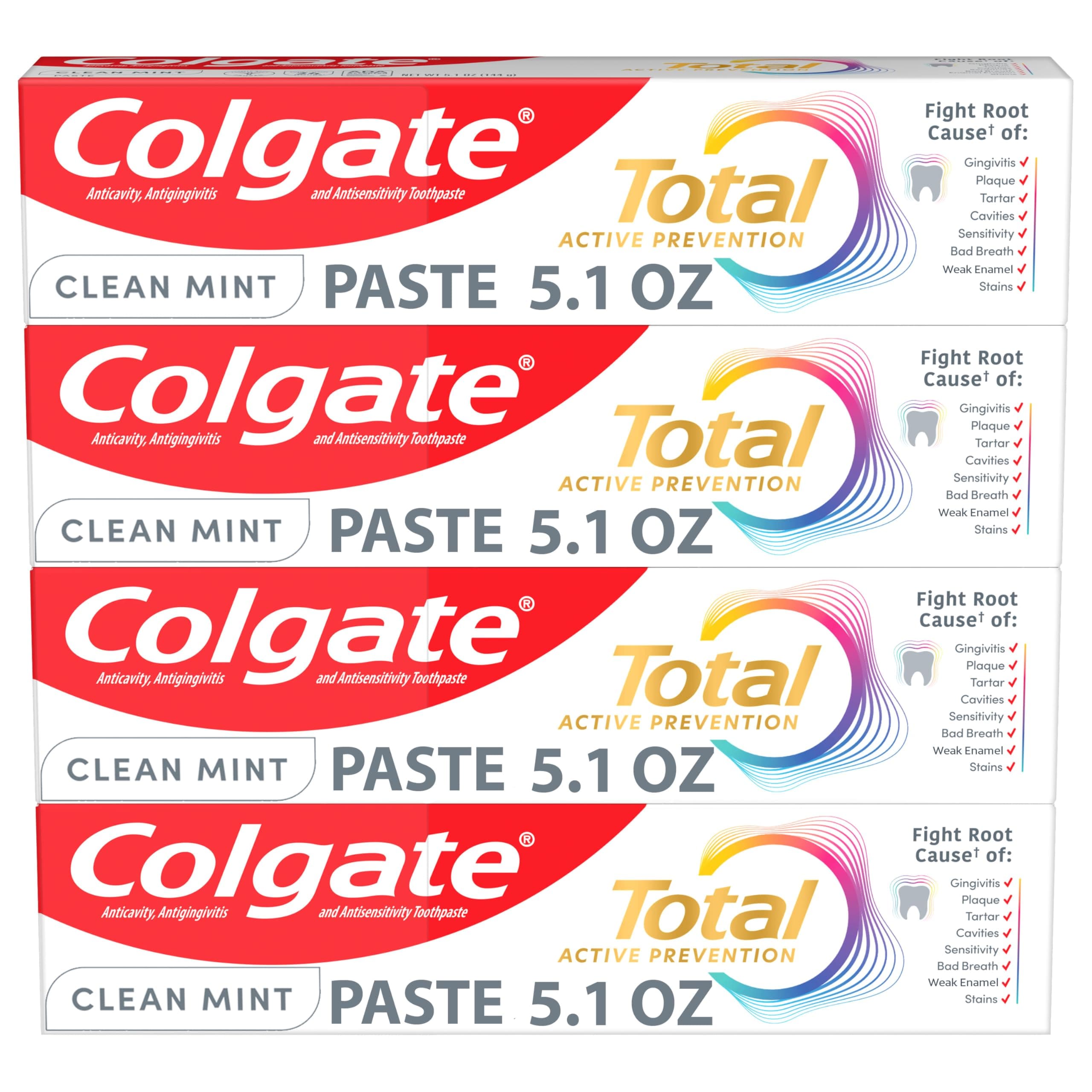 - Total Active Prevention Clean Mint Toothpaste, Anticavity Fluoride Toothpaste, Clinically Proven Formula That Fights Plaque Bacteria, Mint, 4 Pack, 5.1 oz