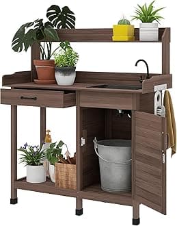 Outsunny Potting Bench Table with Removable Sink, Outdoor Work Bench Table with Storage Cabinet, Hooks, Faucet and Drawer for Greenhouse, Garden, Patio, Dark Brown