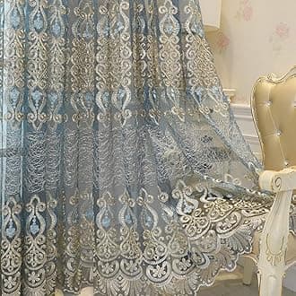 Amidoudou European Jacquard Sheer Curtains, Embroidered Tulle, Luxury Translucent, Blue Grey, 51x102 Inch, Pack of 2, Living Room, Bedroom