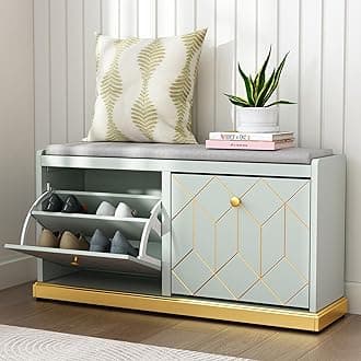Shoe Bench Storage with Seat, Green Shoe Cabinet Cupboard with Cushion & Flip-Drawer, Shoe Storage Cabinet for Hallway, Entryway