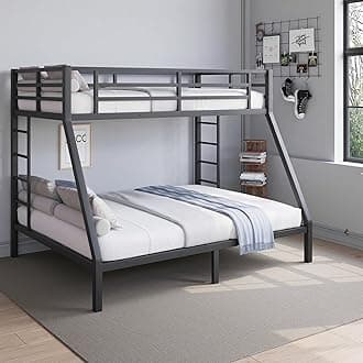 Metal Twin XL Over Queen Bunk Bed for Kids & Adults with Extra Thick Support Columns & Higher Guardrail, 2 Ladders, Squeak-Free, Heavy Duty, No Box Spring Needed, Easy Assembly, Black