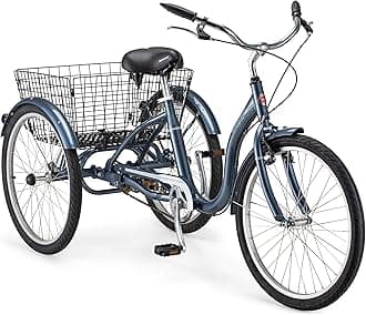 Schwinn Meridian Adult Tricycle, with Low Step-Through Aluminum Frame, Front and Rear Fenders, Adjustable Handlebars, Large Cruiser Seat, and Rear Folding Basket