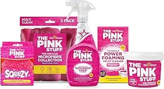 The Pink Stuff Bathroom Cleaning Kit – Cleaning Paste, Bathroom Foam Spray, Toilet Foaming Powder, SQeeZY Sponge & 3 Microfiber Cloths – Tough on Stains, Grease & Soap Scum