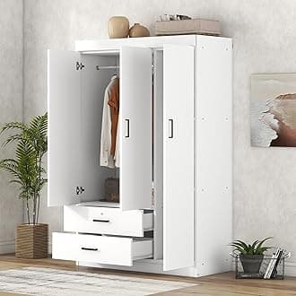 Quarte Modern 3-Door Wardrobe with 2 Drawers, Shelves and Hanging Rail, Freestanding Armoire Closet, Clothes Storage Cabinet Organizer (White/Wardrobe)