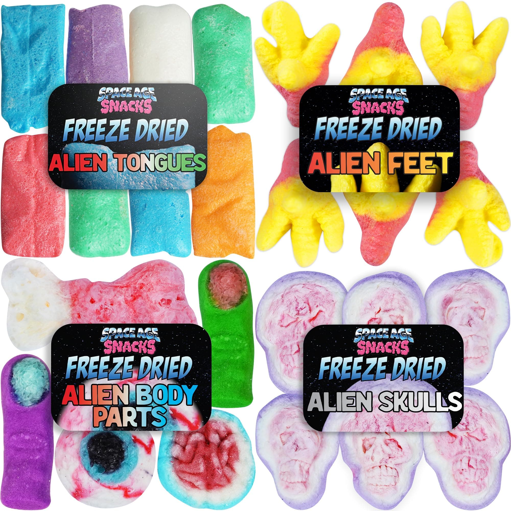 Space Age SnacksFreeze Dried Candy Variety Pack - Crashed UFO Pack with Airheads, Alien Feet, Skulls, and Alien Body Parts Shipped in Spaceship Box for Extra Protection (4 Pack)