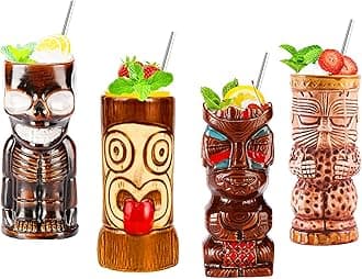 Tiki mugs, tiki glasses set, cocktail mugs, 4-piece cocktail glasses set, tiki bar accessories, Hawaii party for premium tropical cups drinks for exotic party