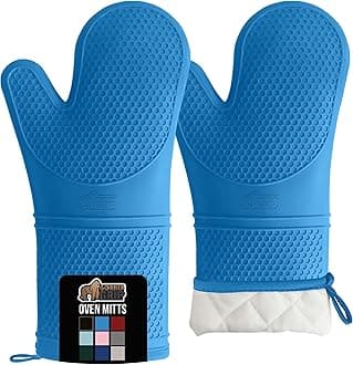 Gorilla Grip Premium Silicone Slip Resistant Oven Mitt Set, Flexible Gloves, Heat Resistant Kitchen Cooking Mitts, Protect Hands from Hot Surfaces, Cookie Sheets, 14.5 Inches, True Aqua Pair, Set of 2