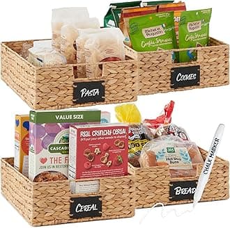 Set of 4 16x12in Large Water Hyacinth Pantry Baskets, Woven Organizers w/Chalkboard Label, Chalk Marker - Natural