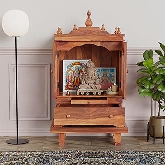 G Fine Furniture 3.5 Feet Wooden Temple for Home | Pooja Mandir, Puja Ghar Mandap with 1 Drawer Storage, 2 Glass Door Cabinet, Pooja Choki & Dhoop Batti Slider Stand, Solid Wood Sheesham, Teak