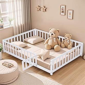 BellemaveFloor Bed Full Size Montessori Bed Frame with Fence and Door, Wooden Full Platform Bed for Kids, Boys Girls, Solid Wood Full Bed, No Box Spring Needed (White)