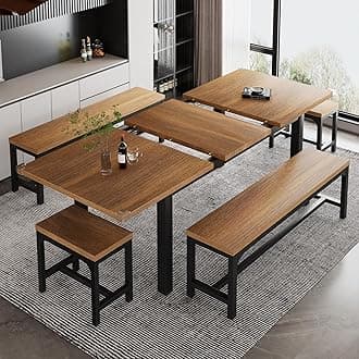 iPormis 5-Piece Dining Table Set for 4-8 People, Extendable Kitchen Table Set with 2 Benches and 2 Square Stools, Mid-Century Dining Room Table with Metal Frame & MDF Board, Saving Space, Walnut