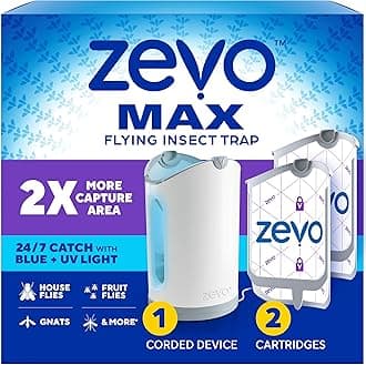 Zevo MAX Bug Catcher & Fly Trap for Indoors - Flying Insect Trap for Gnats, House & Fruit Flies - Use in Any Room - No-Mess Disposal (1 Plug in Base & 2 Cartridges)