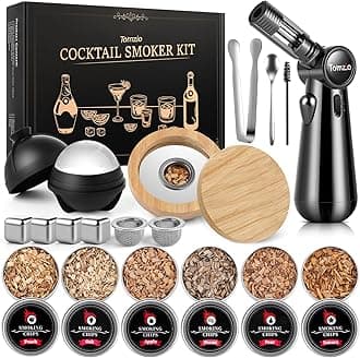 Whiskey Smoker Kit with Angle-Adjustable Metal Torch(No Butane) & 6 Natural Wood Chips,Anti-Burn Cocktail Smoker Set with Reusable Stainless Steel Ice Cubes & Mold,Bourbon Father's Day Gift for Men