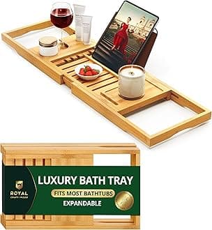 ROYAL CRAFT WOOD Foldable Bathtub Tray Caddy Bamboo Bathtub Tray Expandable, Bathroom Tray, Bath Tub Table Caddy with Extending Sides