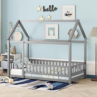 Twin Size House Floor Bed Frame,Wooden Montessori Floor Bed with Fence for Kids,Twin Size Kids Bed,Gray