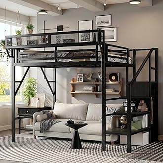 Twin XL Size Loft Bed with Stairs and Storage, Metal Loft Bed Frame with A Shelf and Large Under-Bed Space, Heavy-Duty Loft Beds for Kids Boys Girls Teens, Black