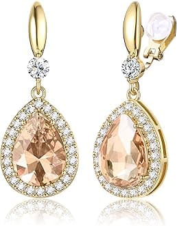 Elegant Clip on Earrings for Women Sparkling Teardrop Dangle Clip Earrings Non-Pierced Rhinestone Cubic Zirconia Wedding Prom Jewelry 14K Gold and Silver Tone