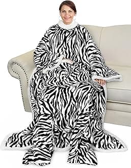 CataloniaSherpa Wearable Blanket with Sleeves & Foot Pockets for Adult Women Men, Comfy Snuggle Wrap Sleeved Throw Blanket Robe, Gift Idea, Zebra