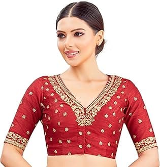 Studio Shringaar Women's Cotton Elbow Length Sleeves Embroidered Wedding Saree Blouse