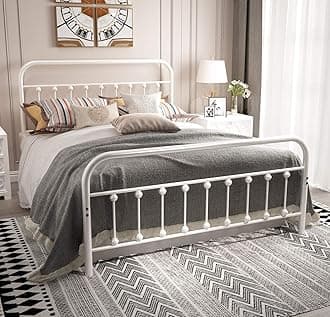 NACHTIMOOR Queen Platform Metal Bed Frame with Headboard and Footboard,Vintage Victorian Style Mattress Foundation, No Box Spring Required, Under Bed Storage (Queen, White)