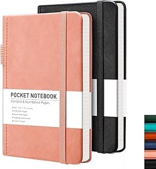 RETTACY Small Notebook 2-Pack - A6 Leather Hardcover Pocket Notebook with 160 Numbered Pages per Pack, College Ruled Notebook, 100 GSM Acid-Free Paper, Inner Pocket, 3.5" × 5.5" (Black & Pink)