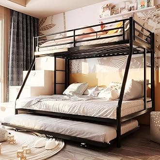 SUNLEI Metal Loft Bed with 2 Secured Ladders, Bunk Bed Twin Over Full with Trundle, Trundle Beds Twin Safety Guard, Space-Saving, Noise Free for Small Bedroom, (Black, Twin Over Full)