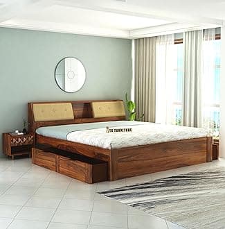 T.G. FURNITURE Solid Sheesham Wood Queen Size Bed with Drawers Storage for Bedroom Living Room Home Wooden Queen Size Cot Palang (Natural Finish)