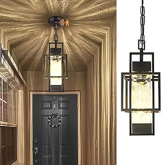 PARTPHONER Motion Sensor 15" Outdoor Pendant Light Exterior Hanging Lantern, Modern Black Metal Outside Chandelier Light Fixture Ceiling Mount with Water Glass for Front Porch Entrance Foyer Entryway