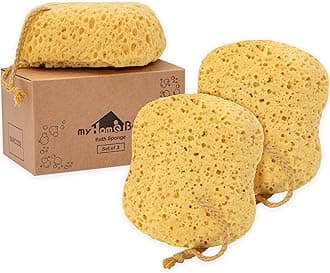 myHomeBody Bath Sponge, Foam Loofah, Body Scrubber for Bathing, Exfoliating Shower Pouf for Shower – Large Size, Lots of Lather, Curvy, 3 Pack