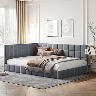 Full Corner Daybed with Velvet,L Shaped Day Bed with Upholstered Armrest,Modern Sofa Bed Frame,No Box Spring Needed(Gray)