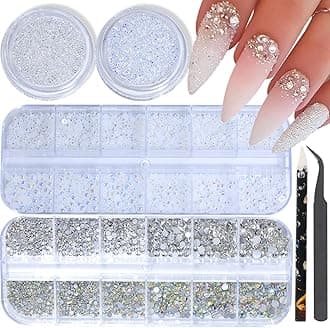 HNUIX Nail Rhinestones and Pearls Nail Charms, 4Box Crystals Nail Gems, Rhinestones, Pearl for Nails Gemstones Bling for DIY Nail Art Decor, with Wax Pencil and Tweeze