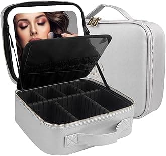 MOMIRA Makeup Bag with Mirror and Light Travel Makeup Train Case Cosmetic Bag Organizer Portable Artist Storage Bag with Adjustable Dividers Makeup Brushes Storage Organizer Silver