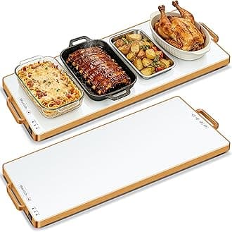 Electric Warming Tray (L 32”x12”)，Food Warmers for Parties Buffet with Thermostat&Full Surface Heating,Tempered Glass Warming Mat for Food, Temperature Adjustable Gold Handles Food Warming Mat,White