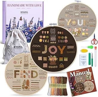 - ETSPIL Find Your Joy Beginner Embroidery Kit,3 Pack DIY Starter Kits for Adults with 42 Stitch, Stamped Patterns, Floral Designs, Embroidery Hoop, Colorful Floss, Video Tutorials, and Storage Bag