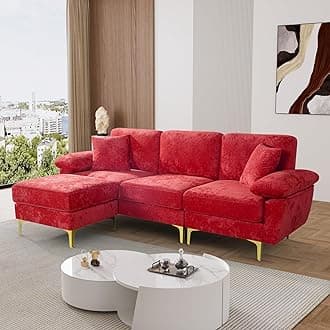 OUYESSIR L Shaped Sectional Sofa Couch, 3 Seat Velvet Sofa with Ottoman and Pillows, Upholstered Comfy Couch Sleeper for Living Room, Bedroom, 88 inches (Red)