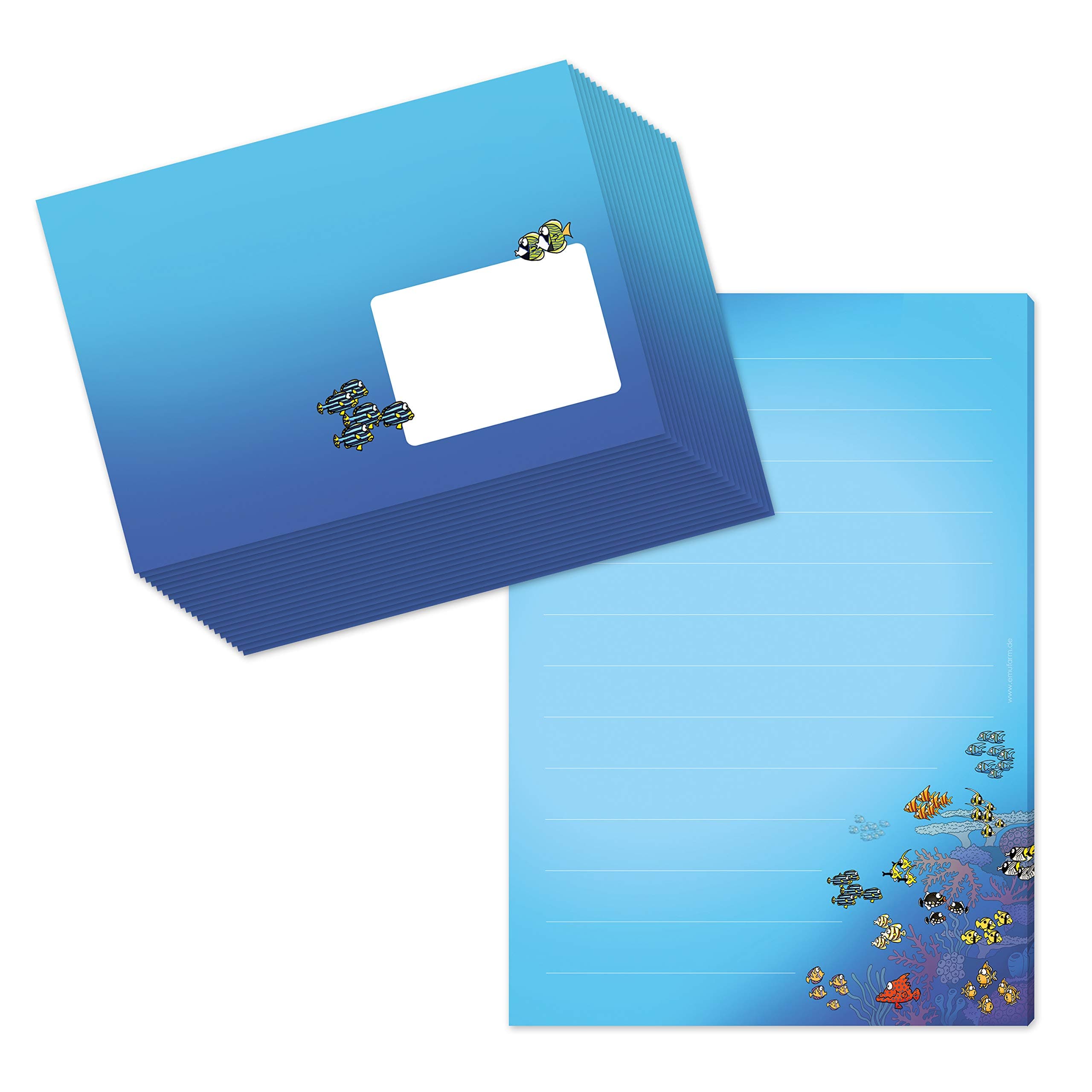 Children's writing paper/notepad, colourful fish design, DIN A5, lined 50 sheets, includes 20 matching envelopes, stationery for children, stationery set for boys, writing pad with lines