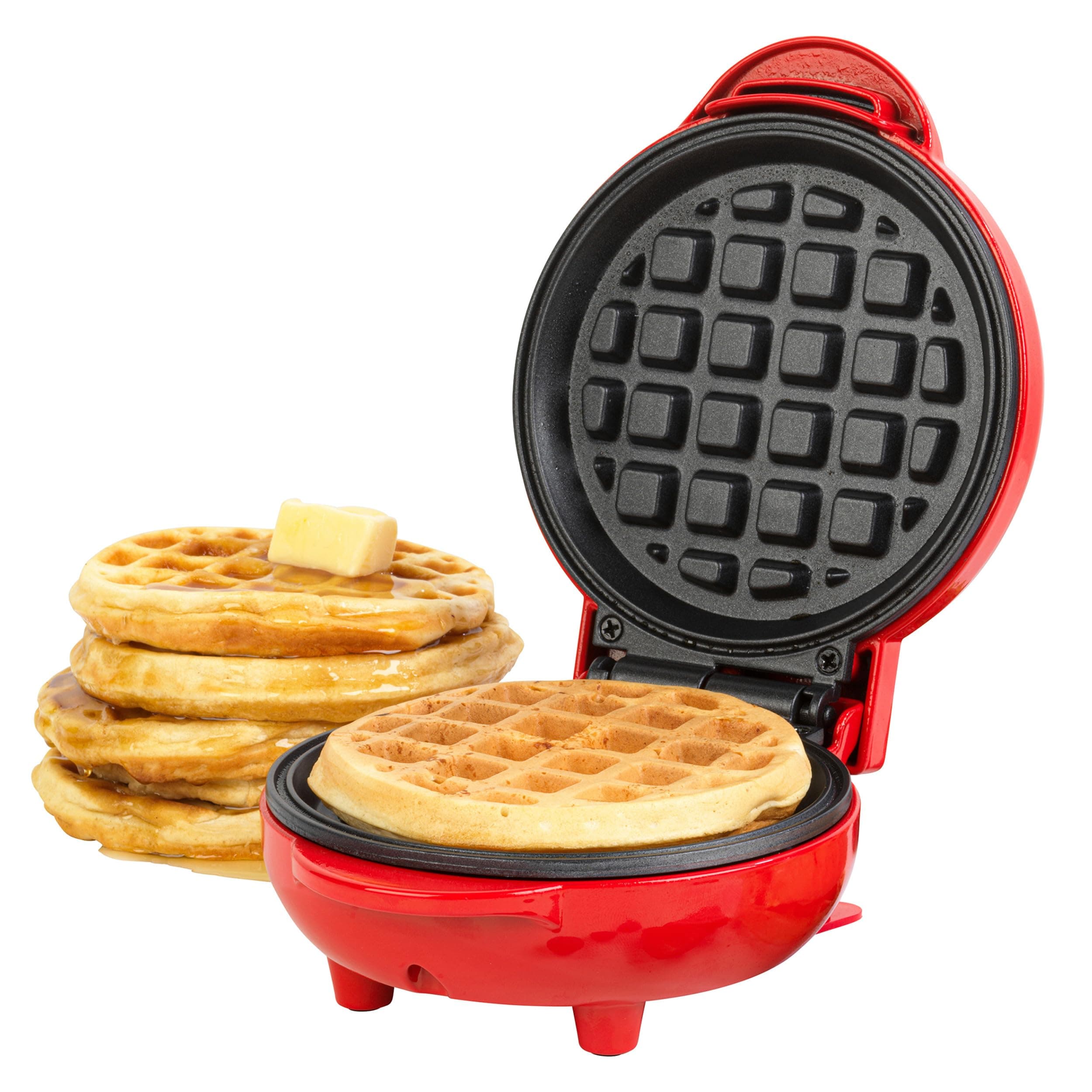 Waffle Maker - Mini Non-Stick Waffle Iron, Compact, 550W, 2 Minute Preheat, Belgian American Round Waffles, 11.5cm Plates, Easy Clean, One Portion, Sweet Or Savoury Treats, Red