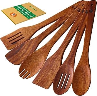 Riveira Walnut Wooden Spoons for Cooking Set of 6 – Natural Walnut Wooden Cooking Utensils, Wooden Spatula, Wooden Spoon - Premium Quality Wooden Utensil Set for Non-Toxic Cooking
