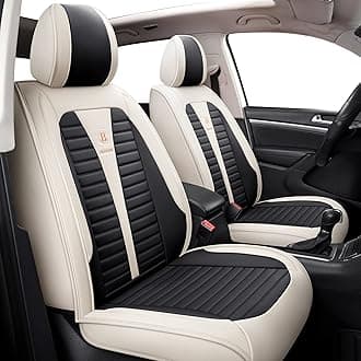 Full Coverage Faux Leather Car Seat Covers Full Set,Automotive Seat Covers for Cars,SUVs Pick-up Truck, Car Seat Cushion, Black and Cream Seat Covers for 5 Seats