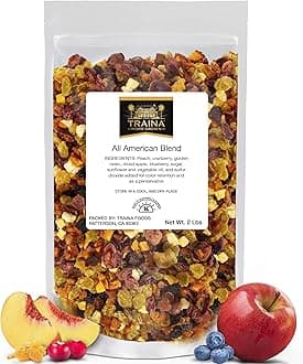 Traina Home Grown All American Dried Fruit Blend - Peaches, Sweetened Cranberries, Golden Raisins, Sweetened Blueberries, Apples - Non GMO, Gluten Free, Vegan, Healthy Real Fruit Snack in Resealable Pouch (2 lbs)