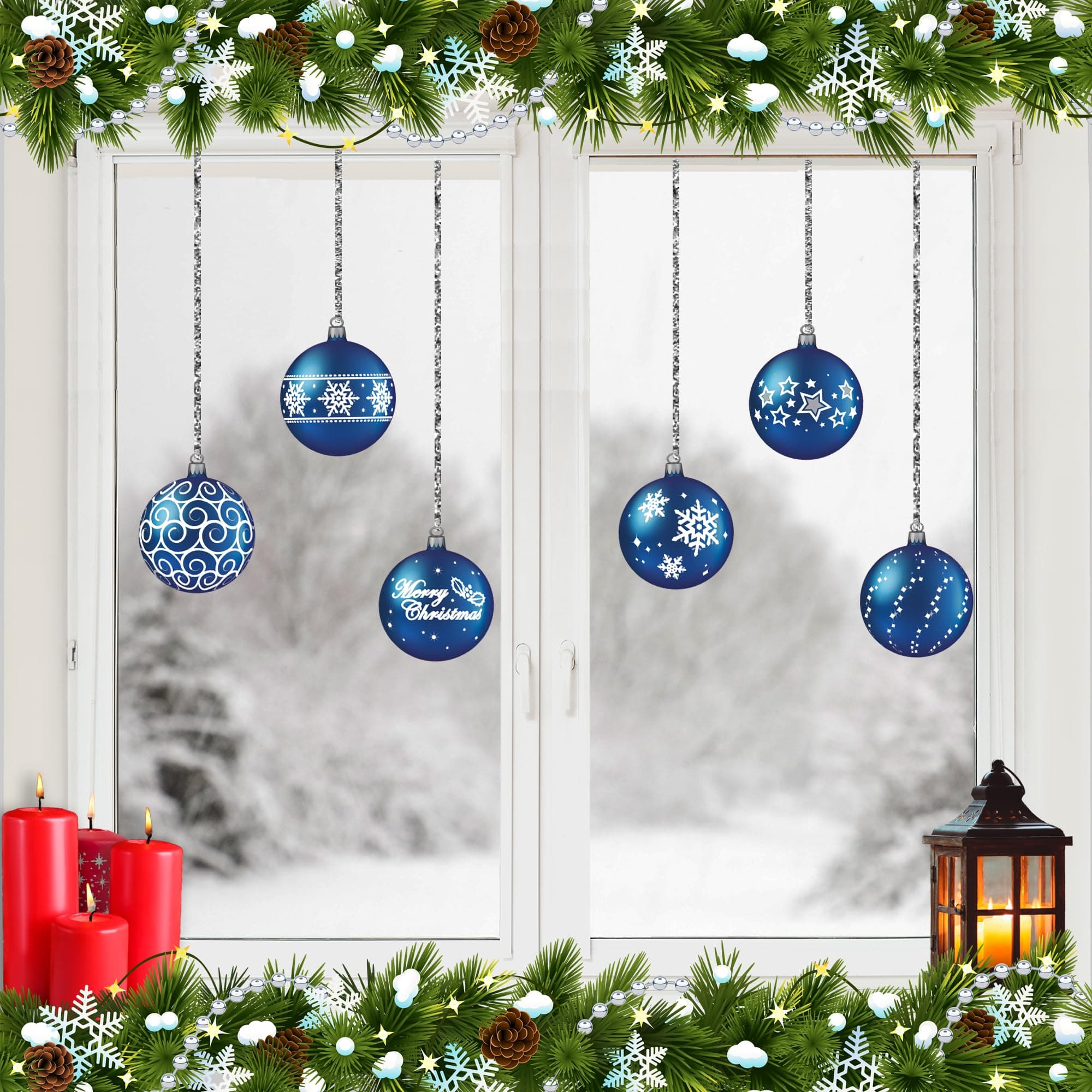 12 x Bauble Window Clings with Glitter Patterns and Strings Colour = Blue
