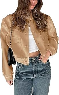 Womens Cropped Bomber Jacket Button Down Varsity Jackets Shackets with Pockets