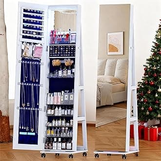 OUTDOOR DOIT 360° Rotating LED Jewelry Armoire with Lockable,Full Length Mirror Large Capacity Jewelry Organizer Armoire,Floor Standing Mirror with Back Storage Shelves for Bedroom,White